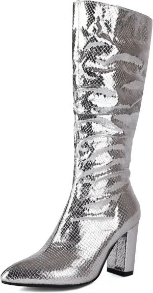 Arqa Metallic Boots For Women Chunky Heel Slouchy Mid Calf Snake Print Boot Pointed Toe Gogo Dance Booties