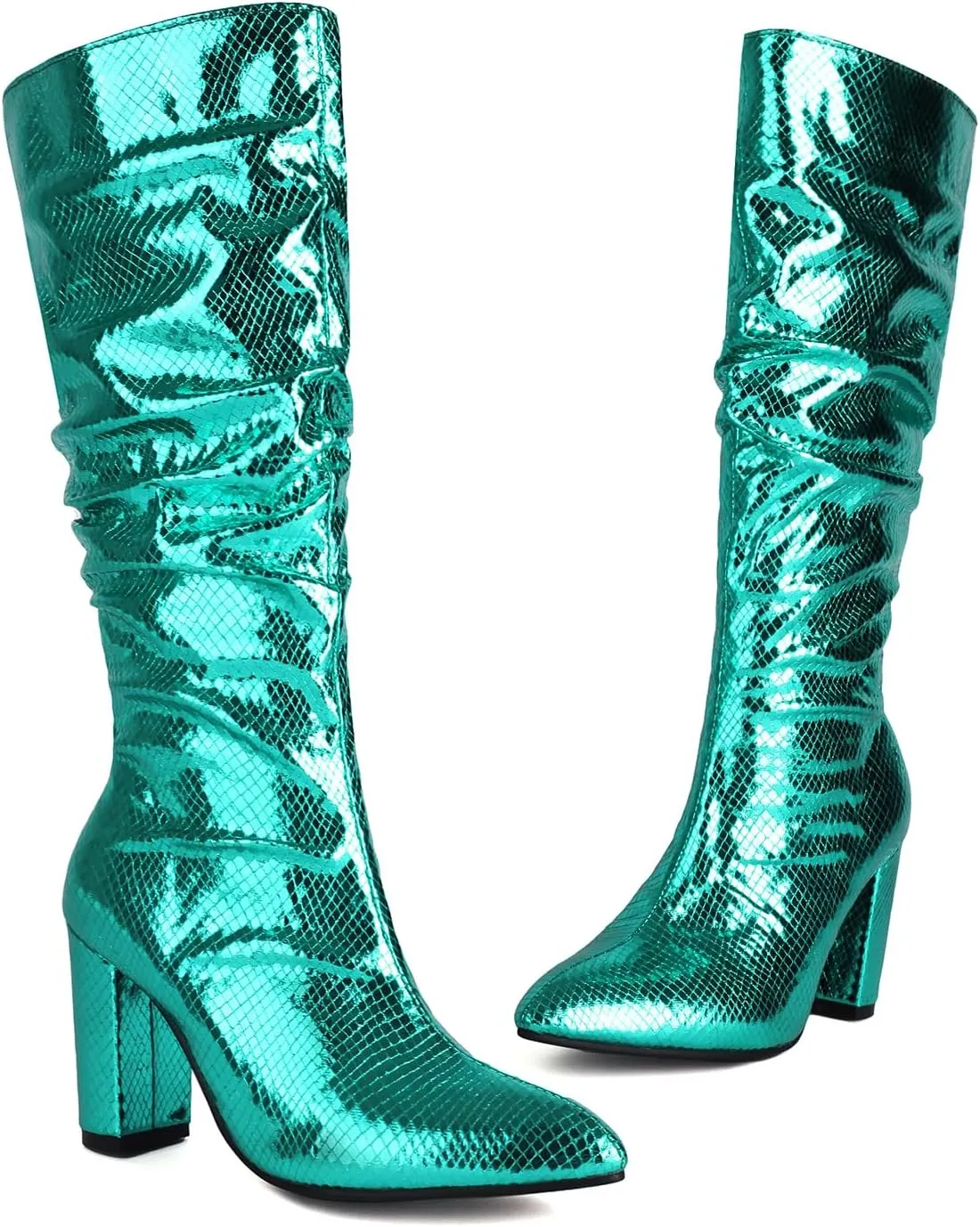 Arqa Metallic Boots For Women Chunky Heel Slouchy Mid Calf Snake Print Boot Pointed Toe Gogo Dance Booties
