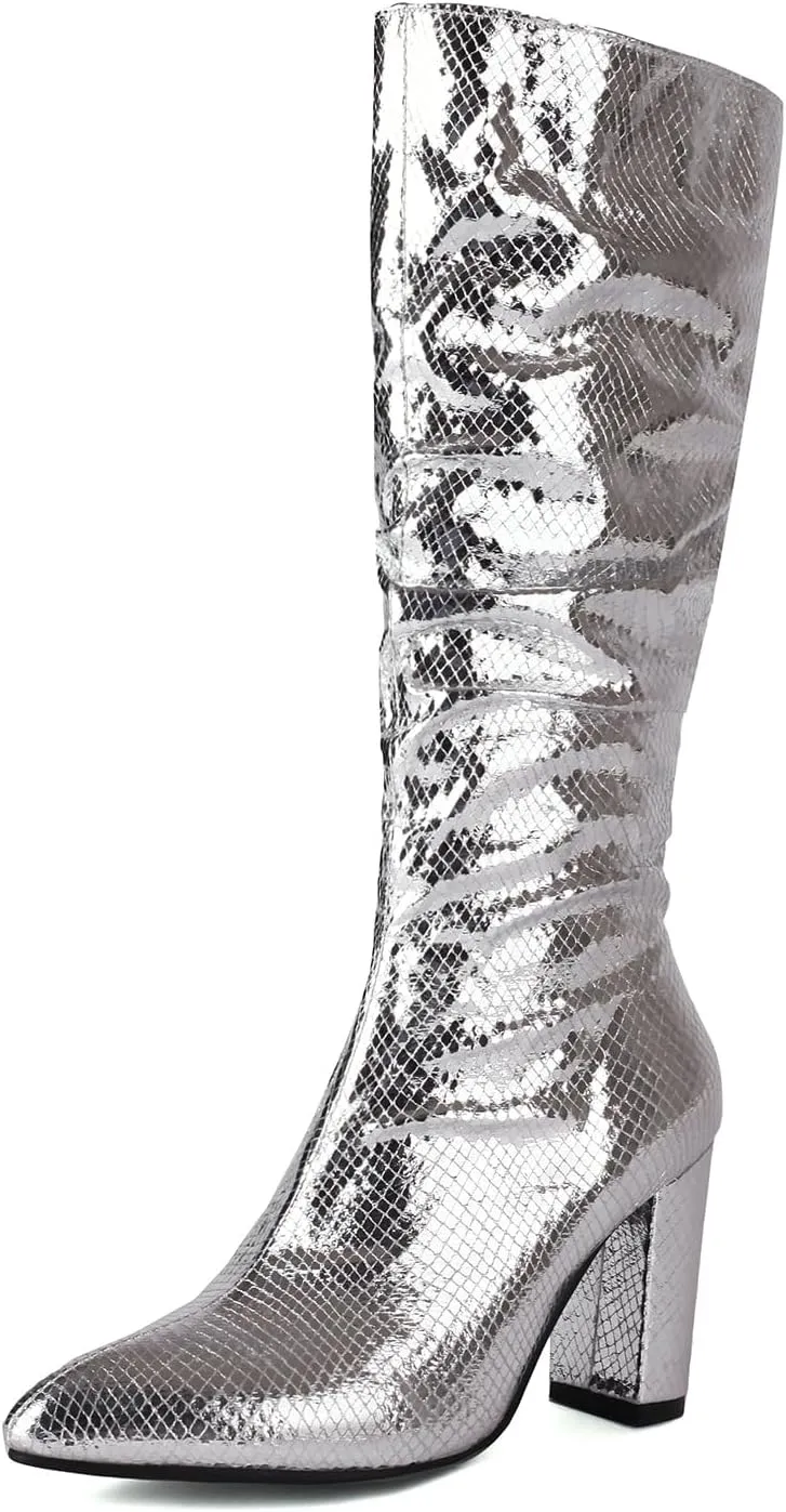 Arqa Metallic Boots For Women Chunky Heel Slouchy Mid Calf Snake Print Boot Pointed Toe Gogo Dance Booties