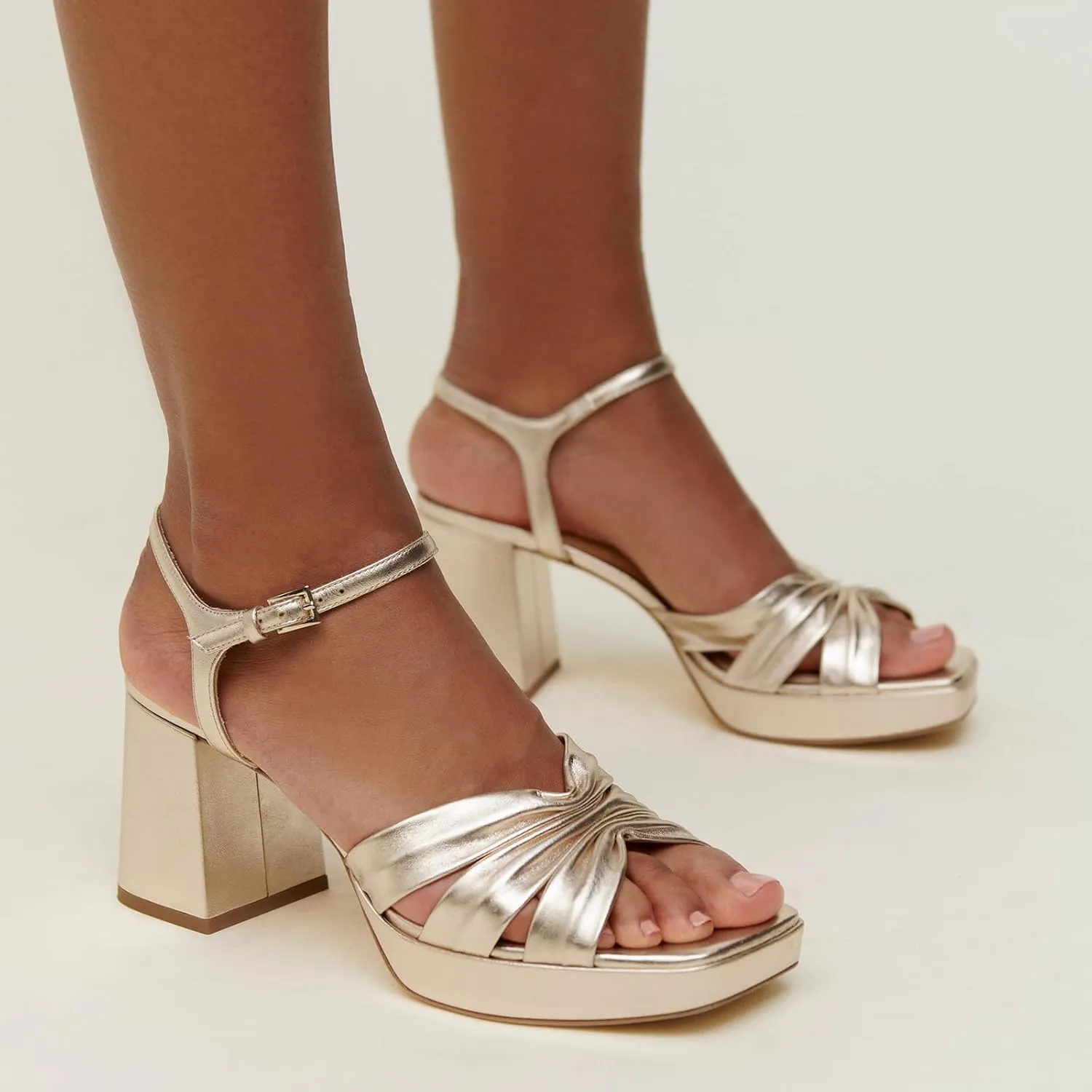 Arqa Platform Bow Sandals for Women Metallic Ruched Chunky Heels Square Open Toe Ankle Strap Block Heel Sandal