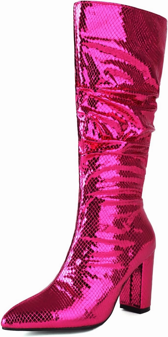 Arqa Metallic Boots For Women Chunky Heel Slouchy Mid Calf Snake Print Boot Pointed Toe Gogo Dance Booties