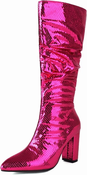 Arqa Metallic Boots For Women Chunky Heel Slouchy Mid Calf Snake Print Boot Pointed Toe Gogo Dance Booties