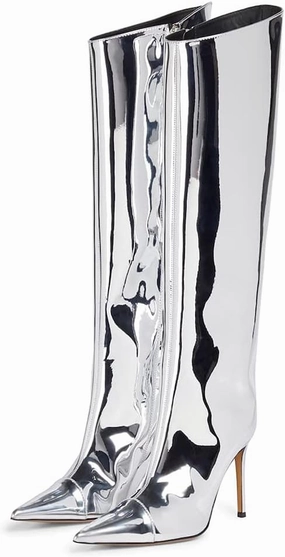 Arqa Metallic Boots for Women Pointed Toe High Stiletto Heel Knee High Boot Fashion Chrome Zipper Boot Dressy Party Shoes