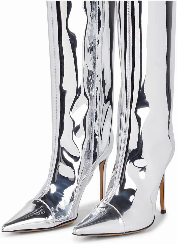 Arqa Metallic Boots for Women Pointed Toe High Stiletto Heel Knee High Boot Fashion Chrome Zipper Boot Dressy Party Shoes