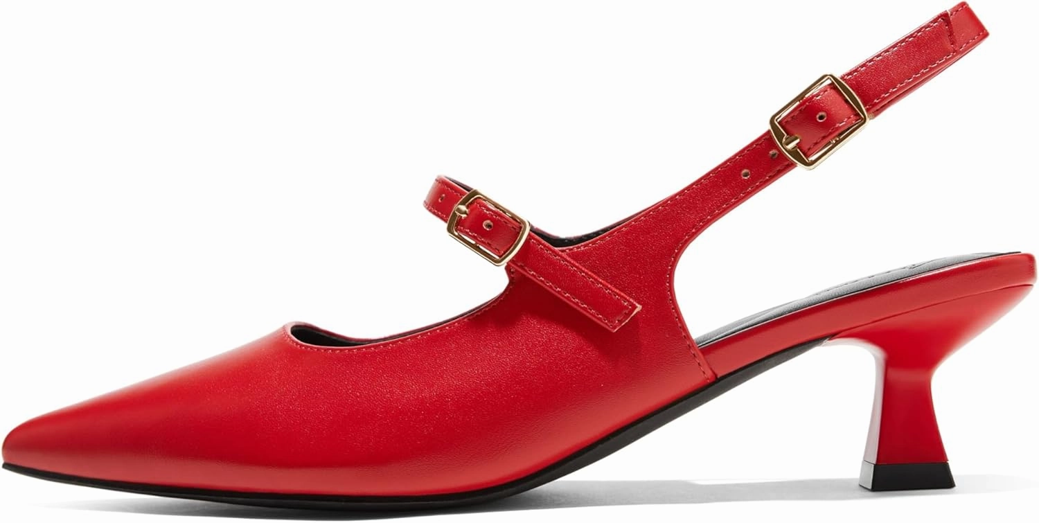Arromic Women's Slingback Kitten Heel Pumps 2 Inch Mary Jane Strap Pointed Toe Dress Shoes for Wedding Work Daily Wear (Black/Nude/Red/Silver/White)