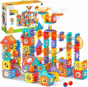 ArtCreativity Kids Marble Run Set - 246 PCS Marble Race Track with Interlocking Building Blocks - Construction Building Toy Marble Run with Waffle Blocks and Stickers- STEM Gifts for Boys and Girls