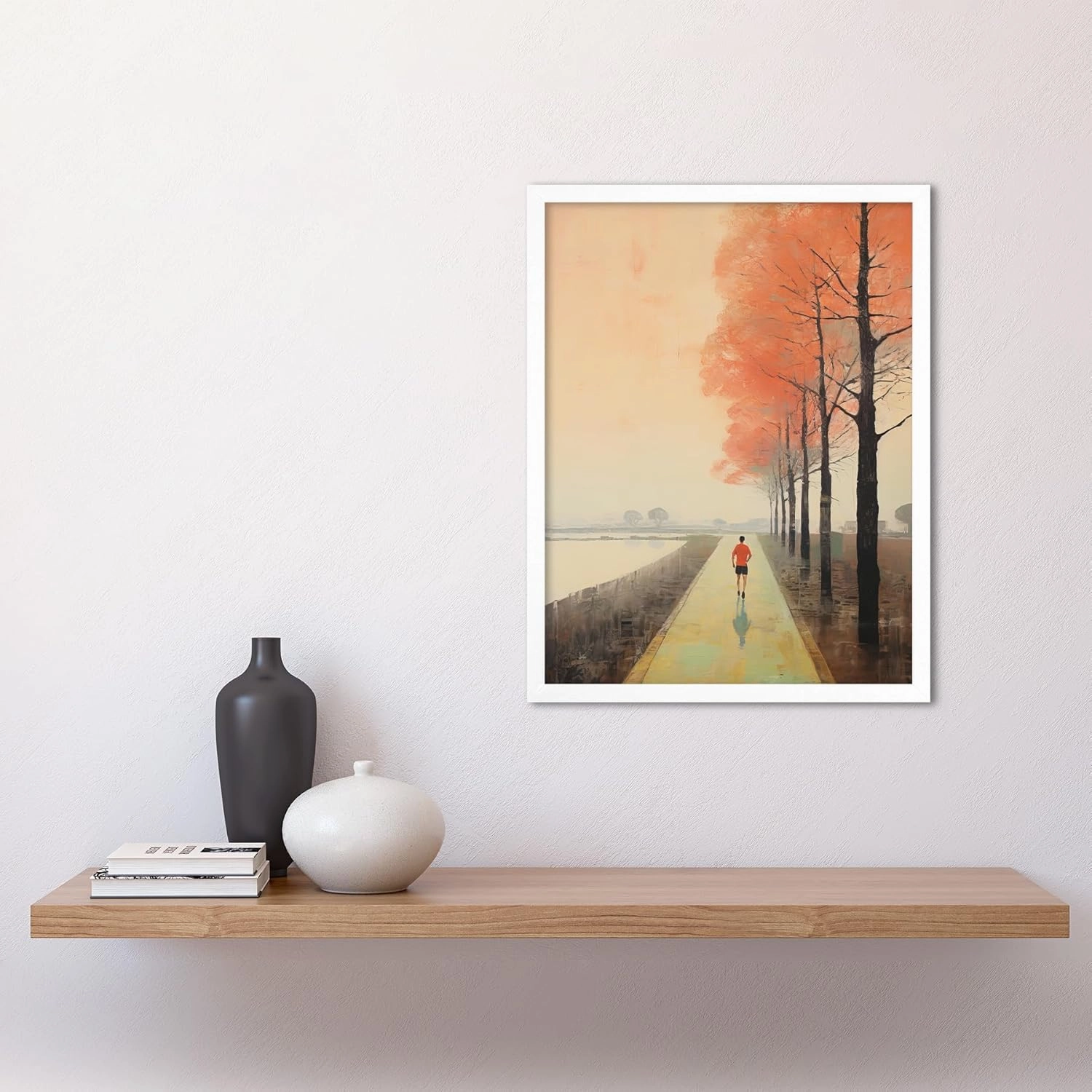 Artery8 Early Morning Jogging Pastel Colour Oil Painting Jogger on Lakeside Pink Tree Trail Countryside Landscape Art Print Framed Poster Wall Decor 12x16 inch