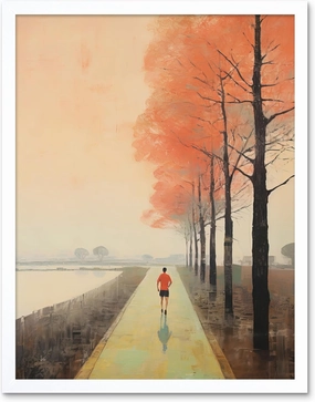Artery8 Early Morning Jogging Pastel Colour Oil Painting Jogger on Lakeside Pink Tree Trail Countryside Landscape Art Print Framed Poster Wall Decor 12x16 inch