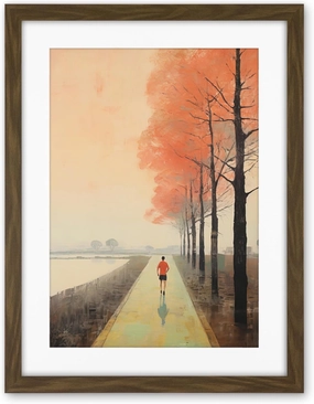 Artery8 Early Morning Jogging Pastel Colour Oil Painting Jogger on Lakeside Pink Tree Trail Countryside Landscape Artwork Framed Wall Art Print 18X24 Inch