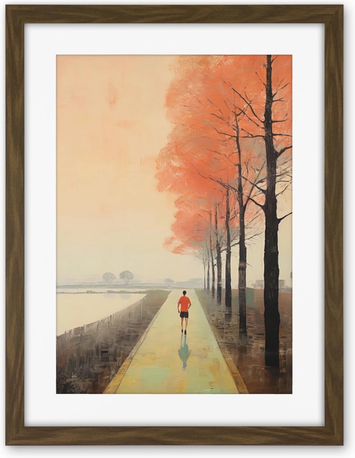 Artery8 Early Morning Jogging Pastel Colour Oil Painting Jogger on Lakeside Pink Tree Trail Countryside Landscape Artwork Framed Wall Art Print 18X24 Inch