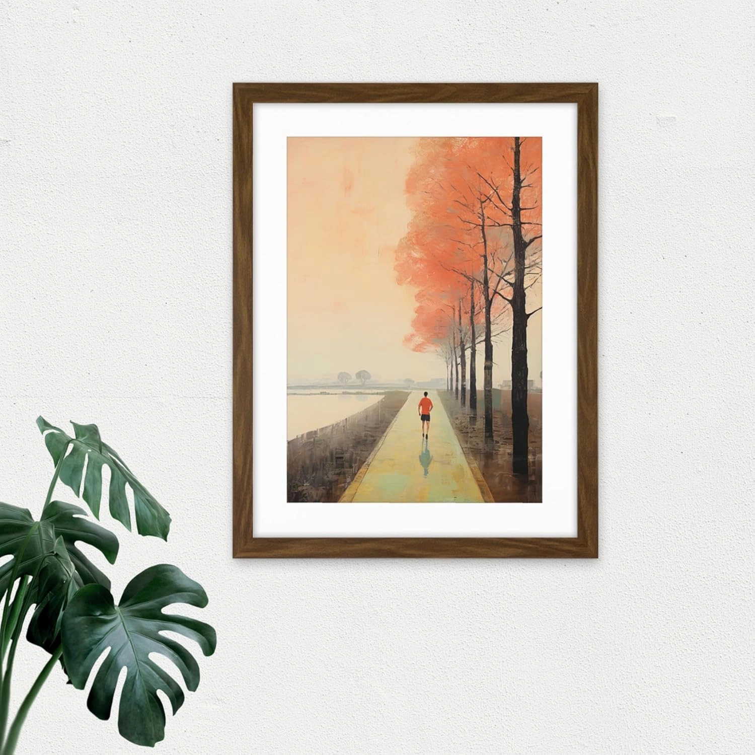 Artery8 Early Morning Jogging Pastel Colour Oil Painting Jogger on Lakeside Pink Tree Trail Countryside Landscape Artwork Framed Wall Art Print 18X24 Inch