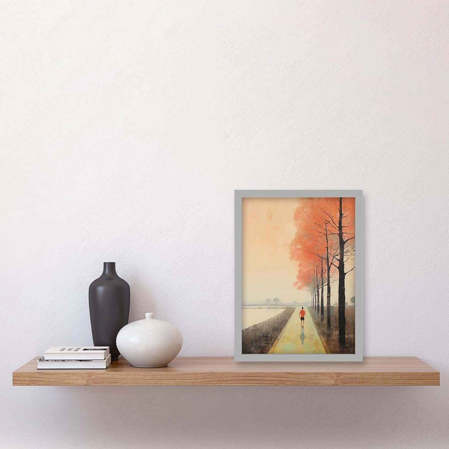 Artery8 Early Morning Jogging Pastel Colour Oil Painting Jogger on Lakeside Pink Tree Trail Countryside Landscape Artwork Framed Wall Art Print A4