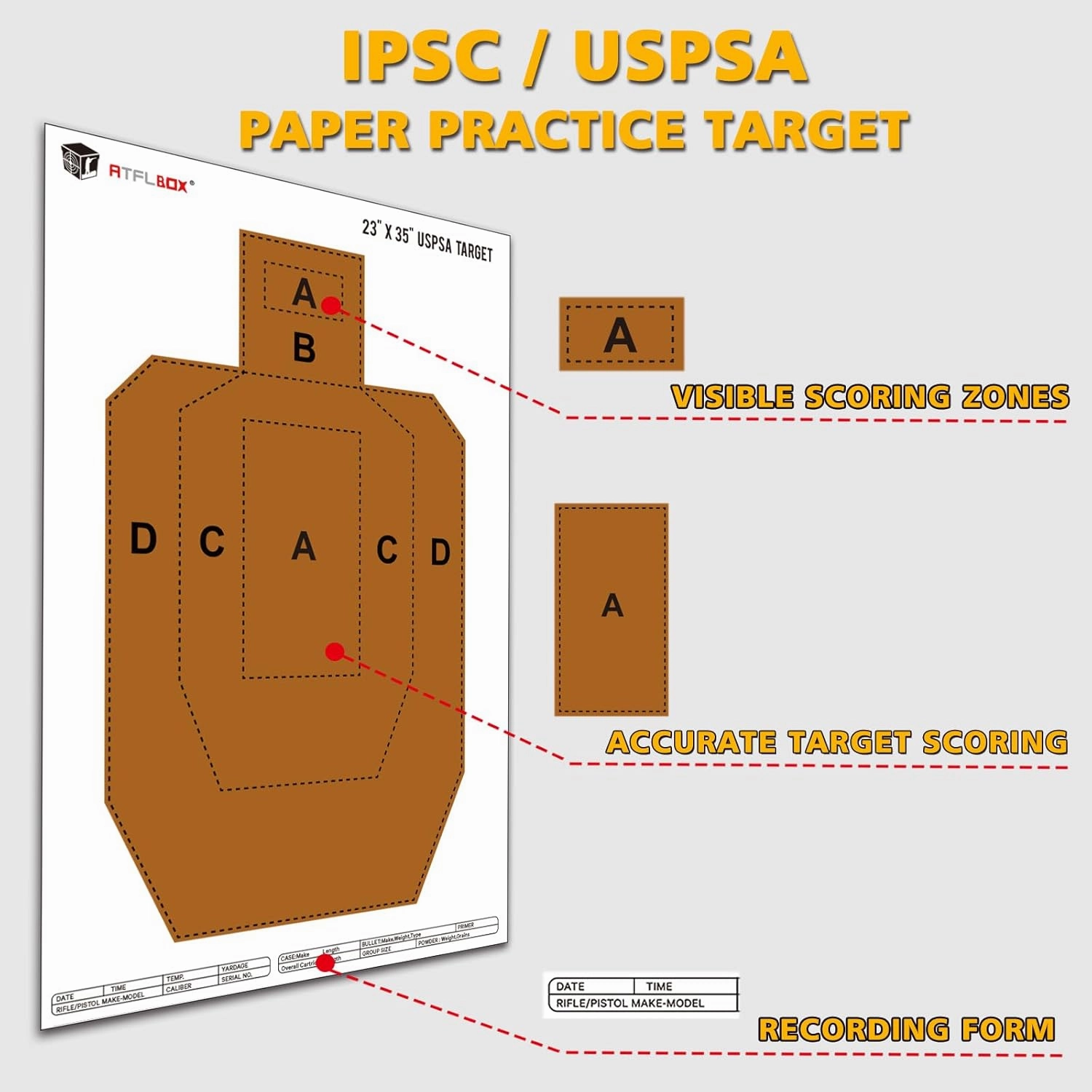 Atflbox 23" x 35" IPSC/USPSA Practice Paper Shooting Targets, Competition Torso Target, Paper Silhouette Shooting Target, Suitable for Pistol, Rifle, Handgun, Shotgun Shooting Range Training