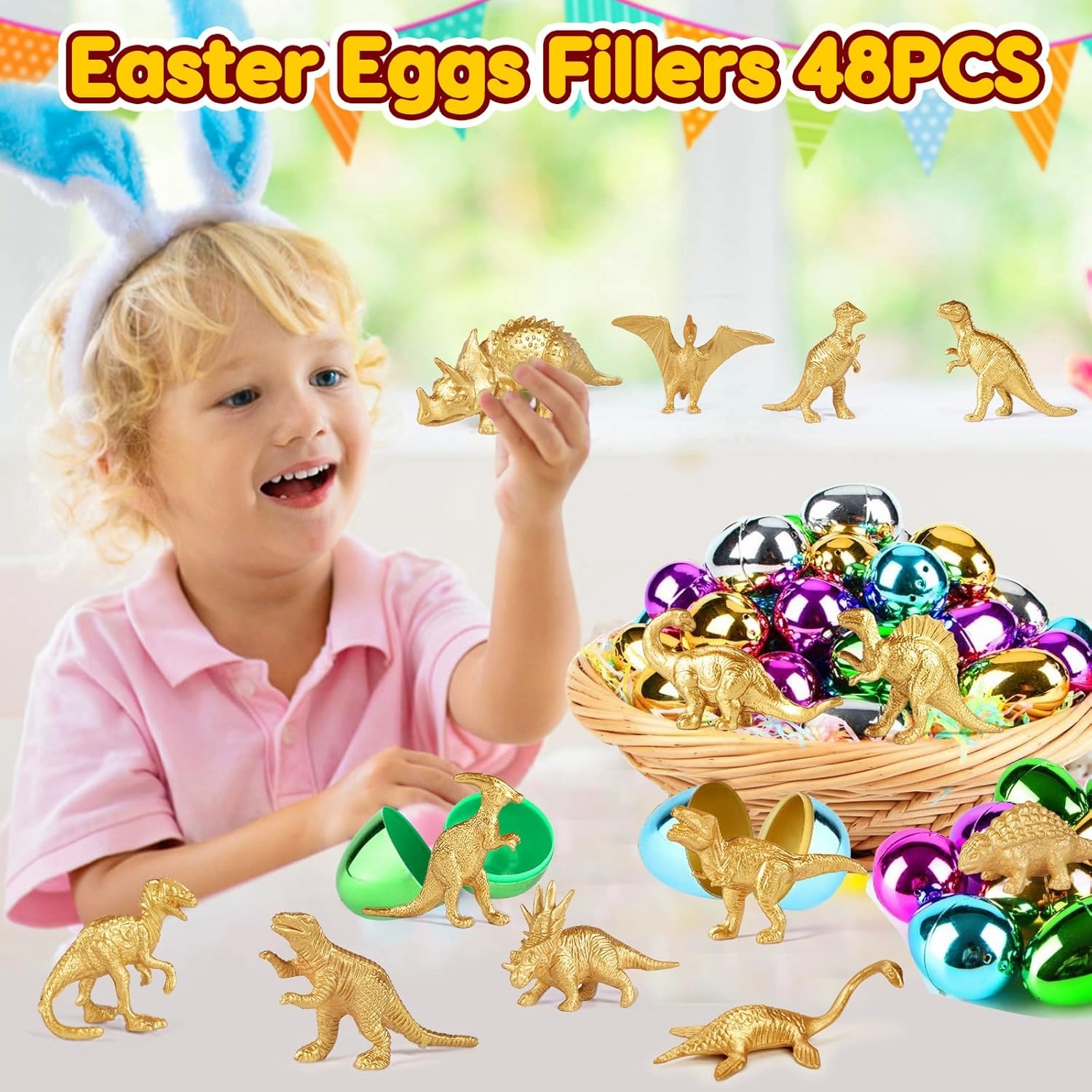 AugToy Gold Plastic Mini Dinosaur Figures Toys 48PCS Party Favors Supplies Birthday Dino Cupcake Toppers Prizes Box Toddler Kids Classroom Goodie Bags Pinata Filler End of Year Student Gifts Bulk