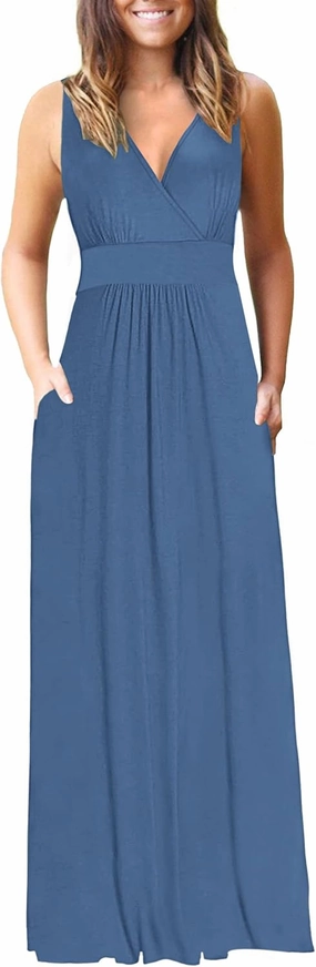 AUSELILY Women's Sleeveless Formal Dress Deep V Neck Loose Plain Cocktail Long Maxi Dresses with Pockets 2025 New