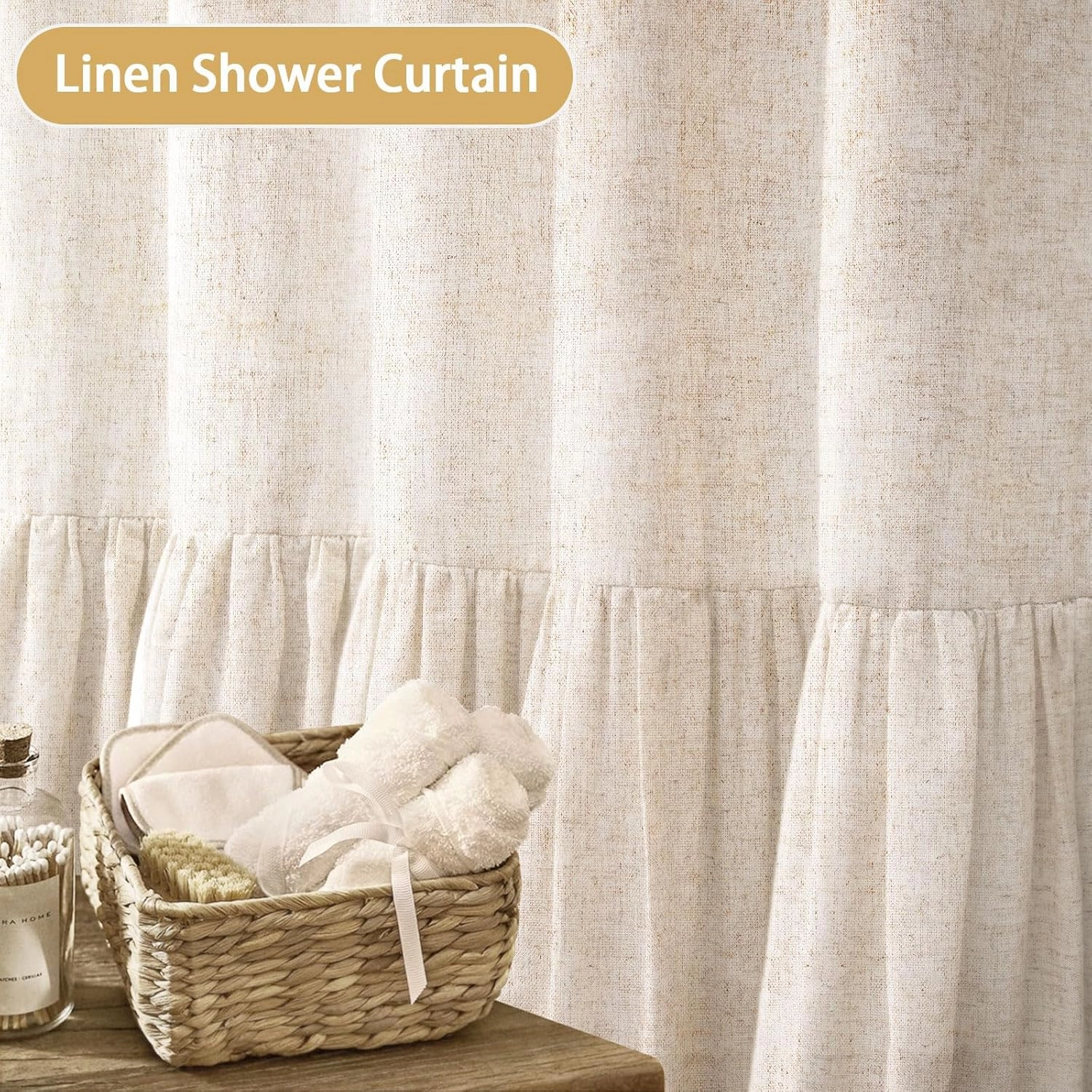 Awellife Linen Farmhouse Shower Curtain with A Ruffle Shower Curtain for Bathroom, Beige Natural 72"x72" 12 Hooks