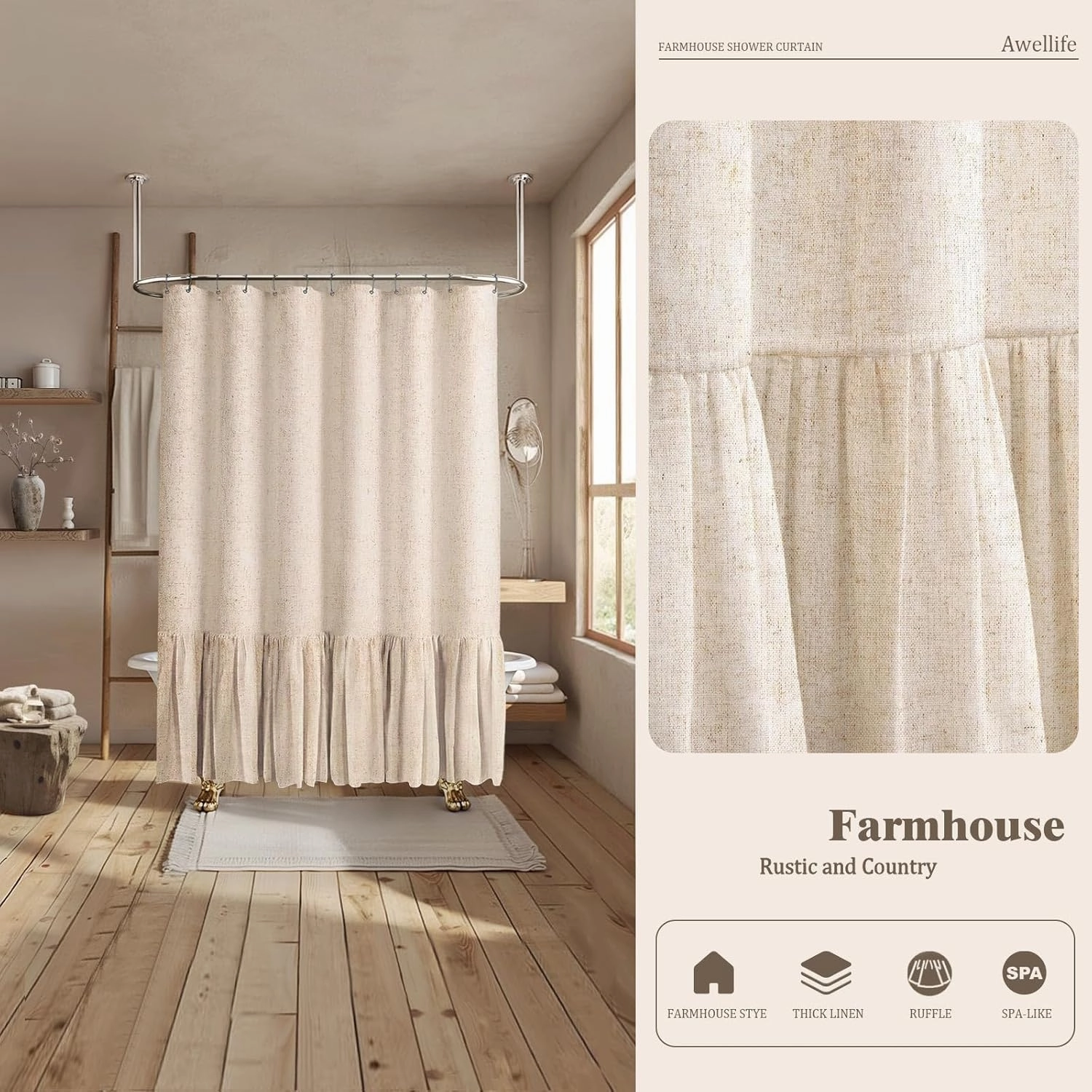 Awellife Linen Farmhouse Shower Curtain with A Ruffle Shower Curtain for Bathroom, Beige Natural 72"x72" 12 Hooks