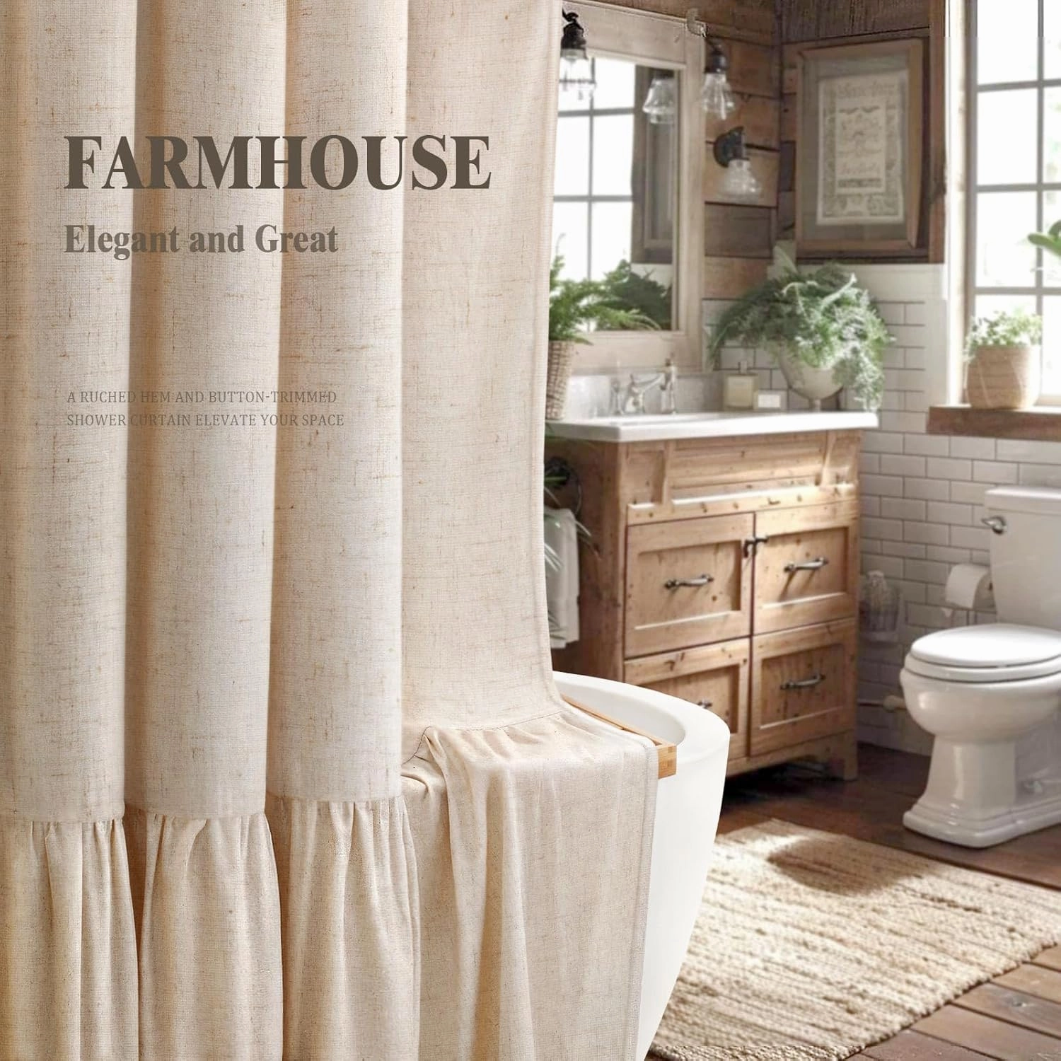 Awellife Linen Farmhouse Shower Curtain with A Ruffle Shower Curtain for Bathroom, Beige Natural 72"x72" 12 Hooks