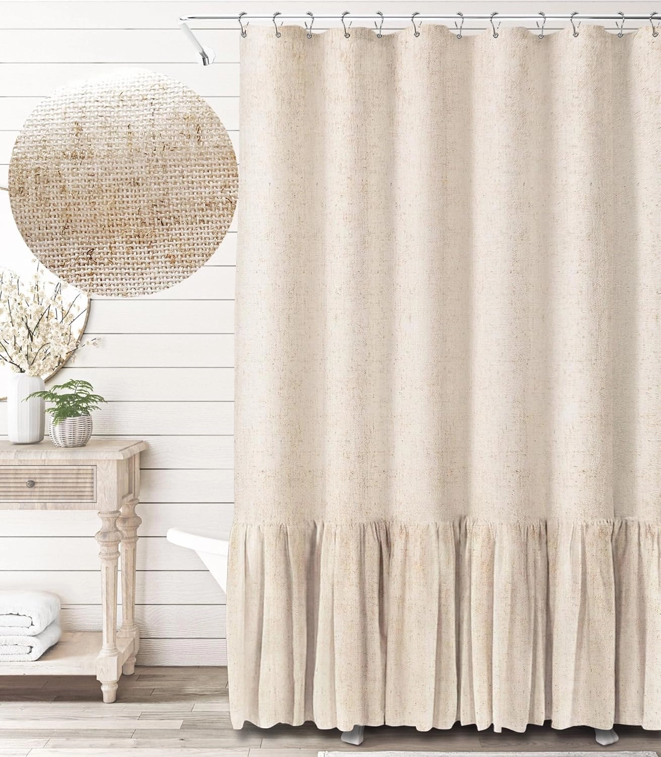 Awellife Linen Farmhouse Shower Curtain with A Ruffle Shower Curtain for Bathroom, Beige Natural 72"x72" 12 Hooks