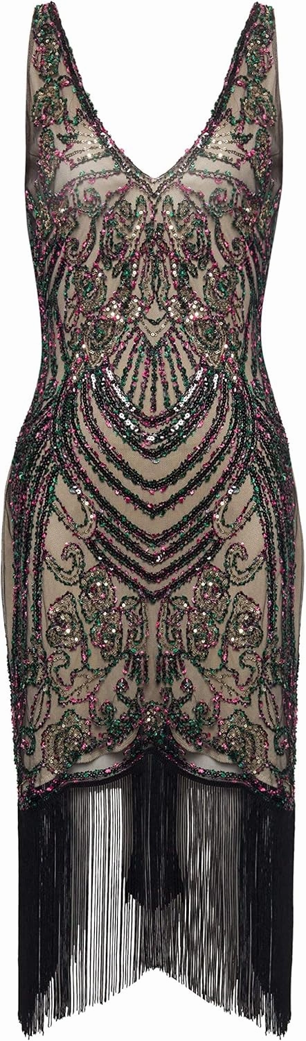 BABEYOND Flapper Dresses 1920s V Neck Beaded Fringed Great Gatsby Dress