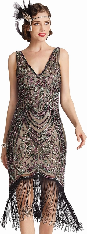 BABEYOND Flapper Dresses 1920s V Neck Beaded Fringed Great Gatsby Dress
