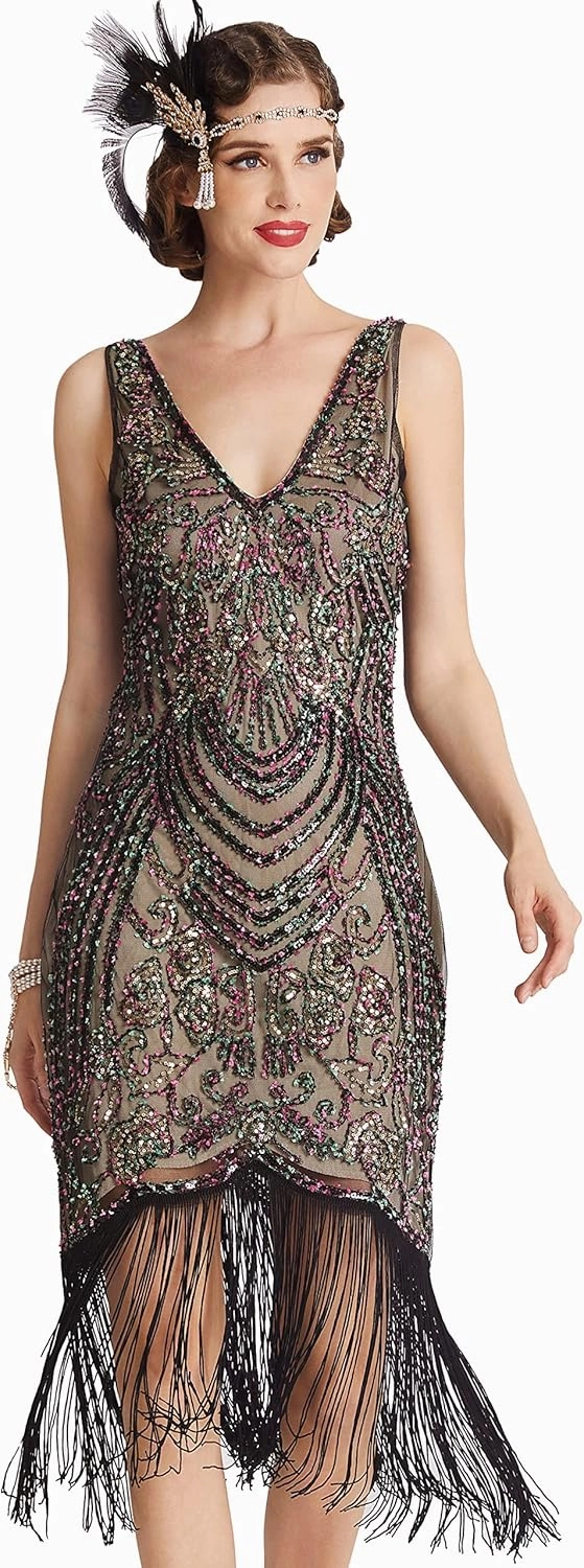 BABEYOND Flapper Dresses 1920s V Neck Beaded Fringed Great Gatsby Dress