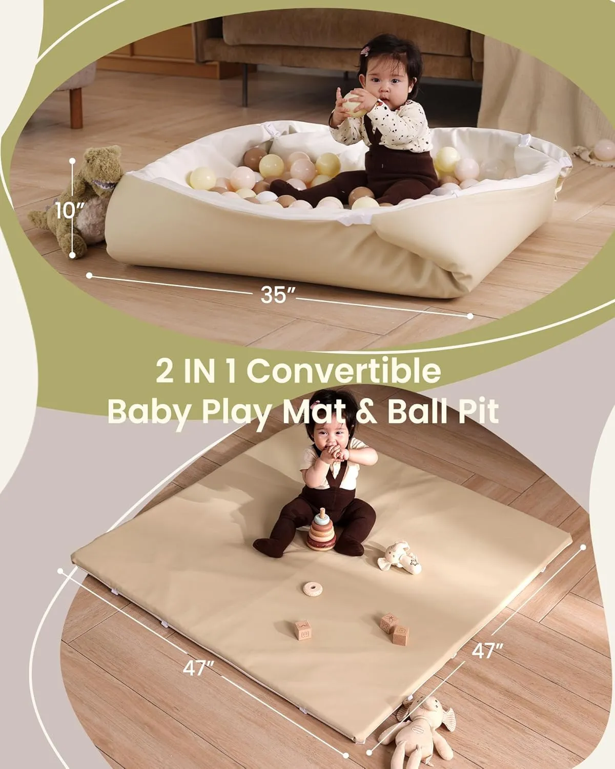 Baby Padded Floor Mat: 2025 Upgrade 2-in-1 Foldable 47x47 Foam Soft Mat & Ball Pit- Soft Vegan Leather Waterproof Play Mat for 50x50 Playpen -Playmat for Infants Baby Girls Boys