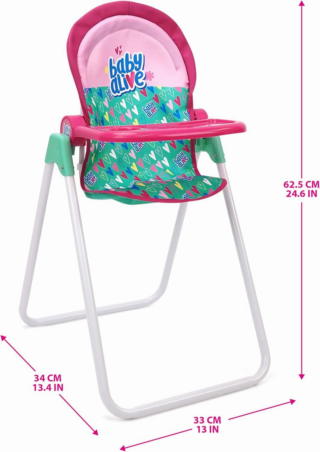 Baby Alive: Doll Highchair Set - Green, Pink, Hearts - for Dolls Up to 24", 5 Matching Feeding Accessories, Rotating Seat, Folding, Kids Toy Ages 3 