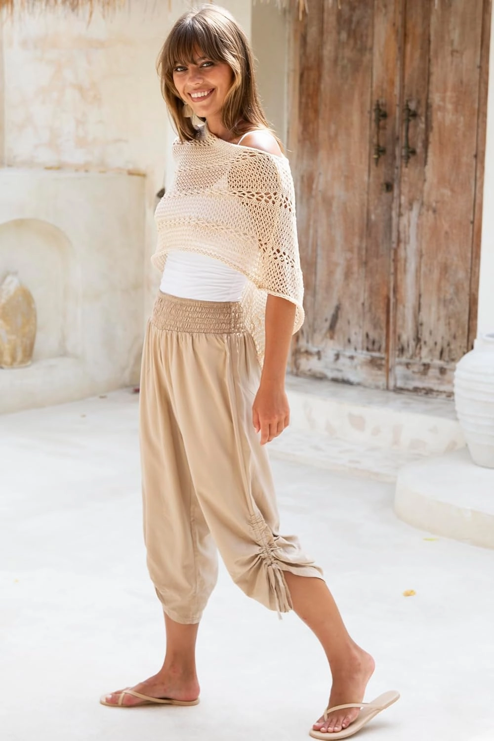 Back From Bali Womens Boho Wide Leg Loose Pants Cropped Rayon Summer Beach Pants Smocked Waist (S-4XL)