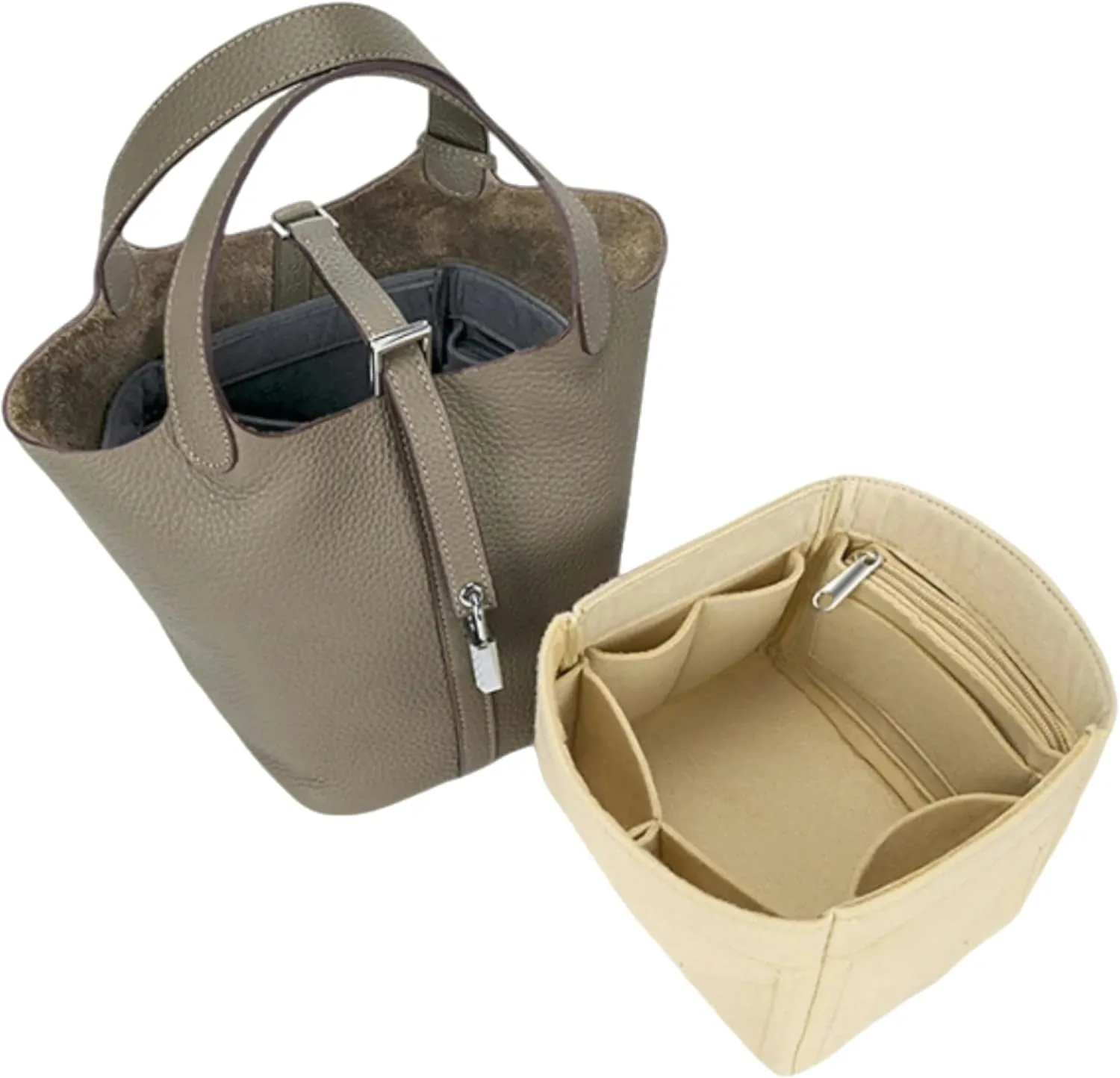Bag Organizer for Hermes Picotin PM 18 (13L x 18H x 18D cm)|Handmade Custom Bag Insert|2mm Felt Bag Liner|Women Handbag Shaper (Beige, Style B: Zipper Cap)