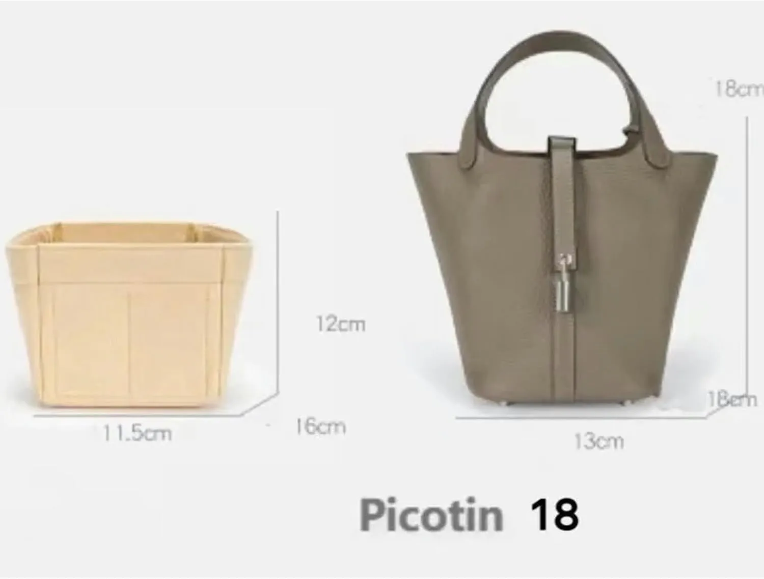 Bag Organizer for Hermes Picotin PM 18 (13L x 18H x 18D cm)|Handmade Custom Bag Insert|2mm Felt Bag Liner|Women Handbag Shaper (Beige, Style B: Zipper Cap)