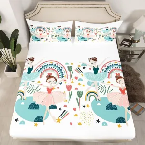 Ballerina Bed Sheets Queen Size, Cartoon Dancing Ballerinas Print Fitted Sheet for Teenage Girl, Cute Ballet Themed Bed Sheets, Kawaii Rainbow Florals Duver Insert, for All Season