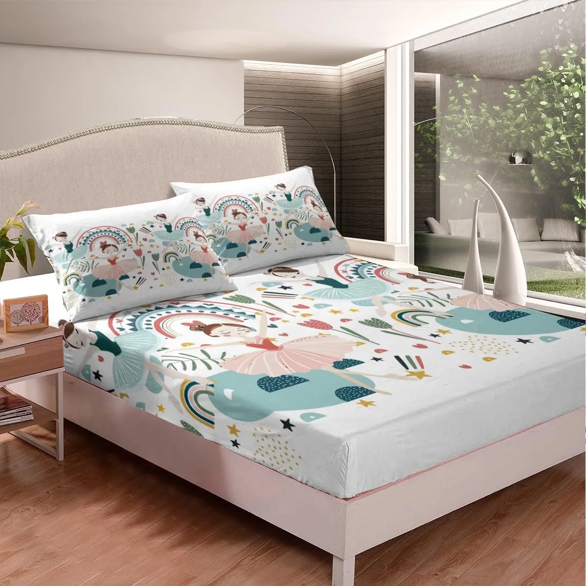 Ballerina Bed Sheets Queen Size, Cartoon Dancing Ballerinas Print Fitted Sheet for Teenage Girl, Cute Ballet Themed Bed Sheets, Kawaii Rainbow Florals Duver Insert, for All Season