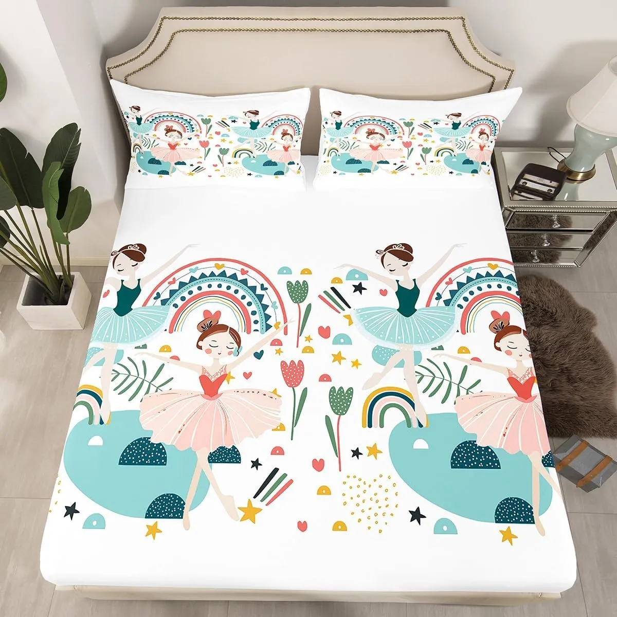 Ballerina Bed Sheets Queen Size, Cartoon Dancing Ballerinas Print Fitted Sheet for Teenage Girl, Cute Ballet Themed Bed Sheets, Kawaii Rainbow Florals Duver Insert, for All Season