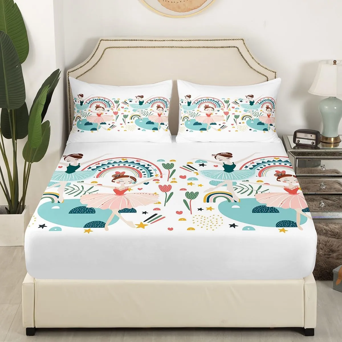 Ballerina Bed Sheets Queen Size, Cartoon Dancing Ballerinas Print Fitted Sheet for Teenage Girl, Cute Ballet Themed Bed Sheets, Kawaii Rainbow Florals Duver Insert, for All Season