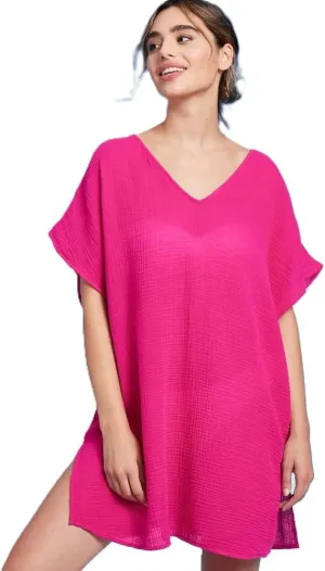 Beach Cover Up Tunic Dress, V-Neck, Side Slit with Tie Back, Berry Pink, Small