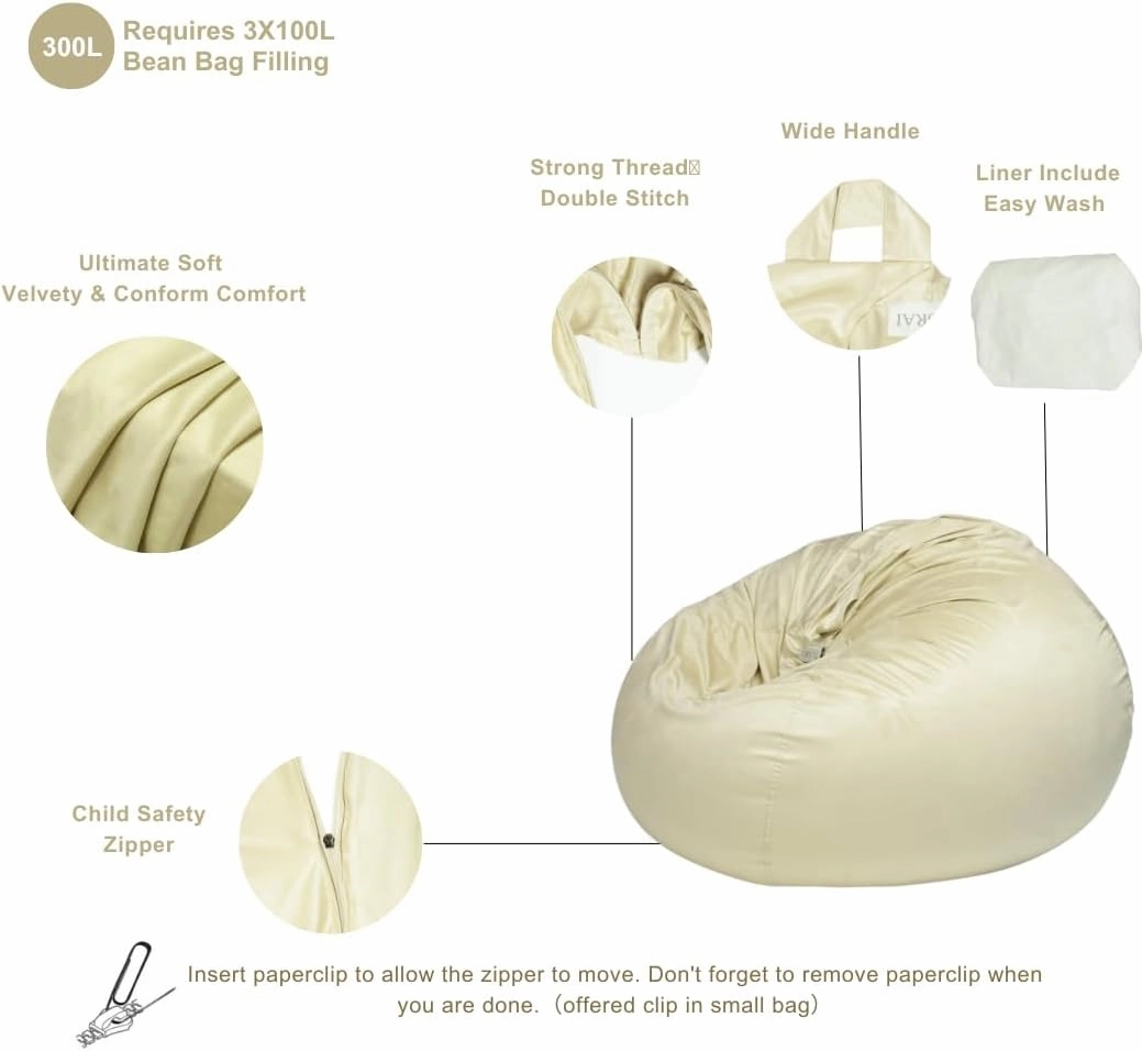 Beanbag Cover with Liner Only Removable 3ft (No Filler) Ultra Soft Velvety Luxurious Stretch Microfiber Suede Beanbag Chair Cover for Adults Indoor Pear Style Large - Beige