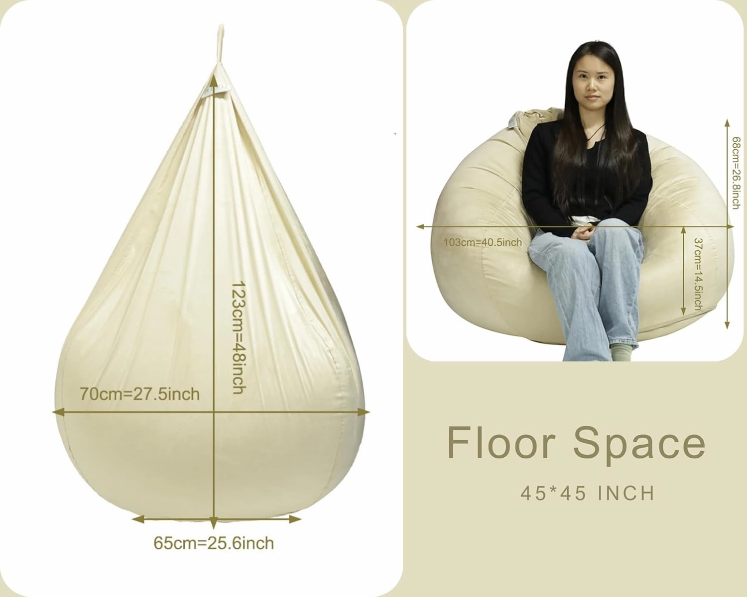Beanbag Cover with Liner Only Removable 3ft (No Filler) Ultra Soft Velvety Luxurious Stretch Microfiber Suede Beanbag Chair Cover for Adults Indoor Pear Style Large - Beige