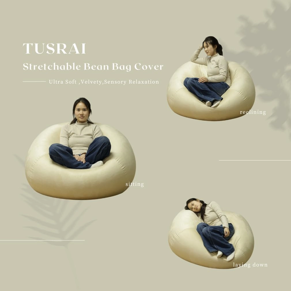 Beanbag Cover with Liner Only Removable 3ft (No Filler) Ultra Soft Velvety Luxurious Stretch Microfiber Suede Beanbag Chair Cover for Adults Indoor Pear Style Large - Beige