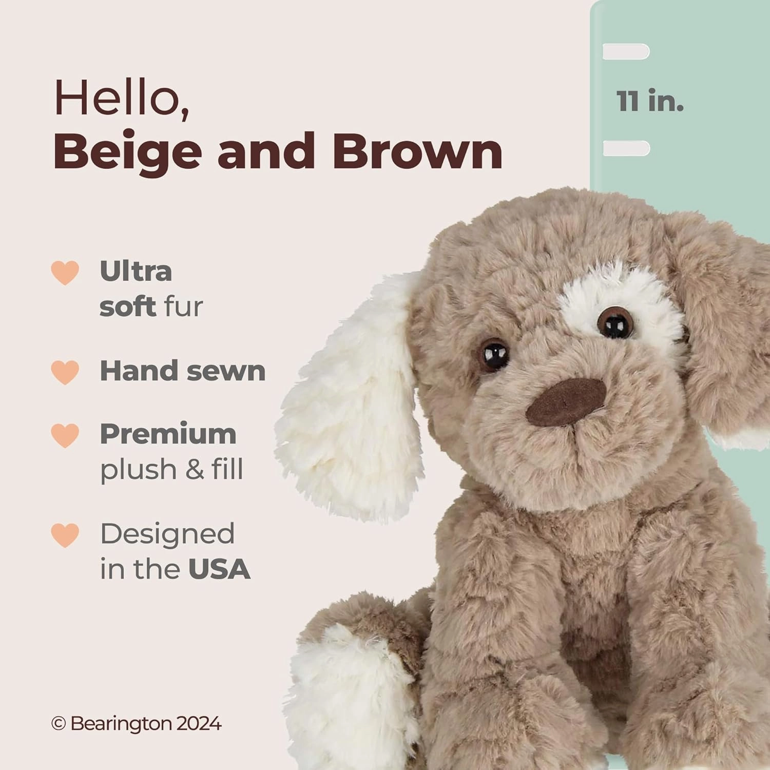 Bearington Collection Beige and Brown Dog Stuffed Animal 11 in - Puppy Stuffed Animals - Plush Dog Toys for Kids - Plushies