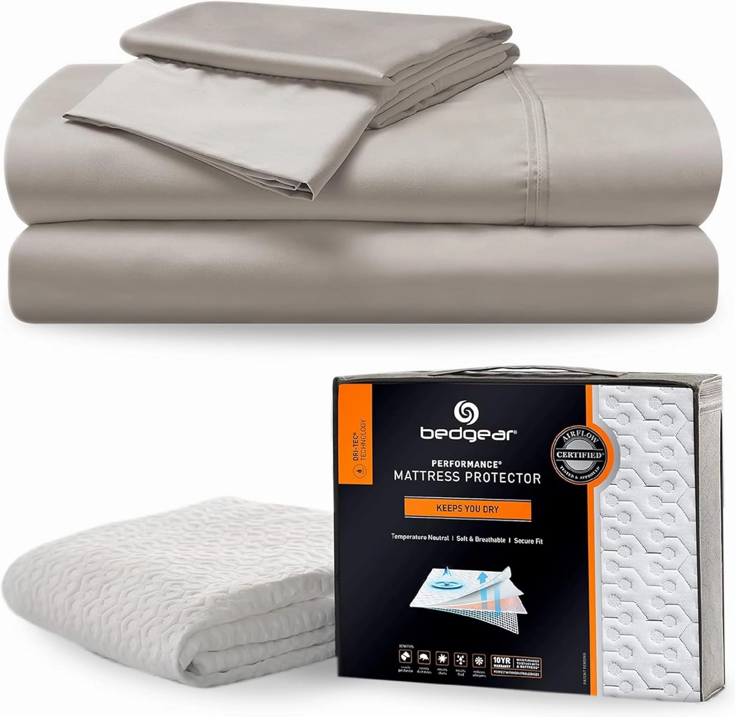 Bedgear Ultimate King Bedding Bundle: Hyper-Cotton Sheet Set and Dri-Tec Performance Mattress Protector - Medium Beige