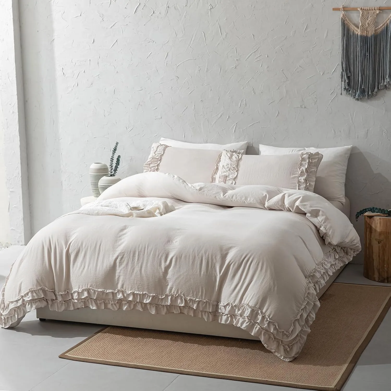 Bedorm Beige Duvet Cover Queen Shabby Chic Bedding Soft Breathable Washed Microfiber Ruffle Duvet Cover Coquette Cute Comforter Cover Girls Women