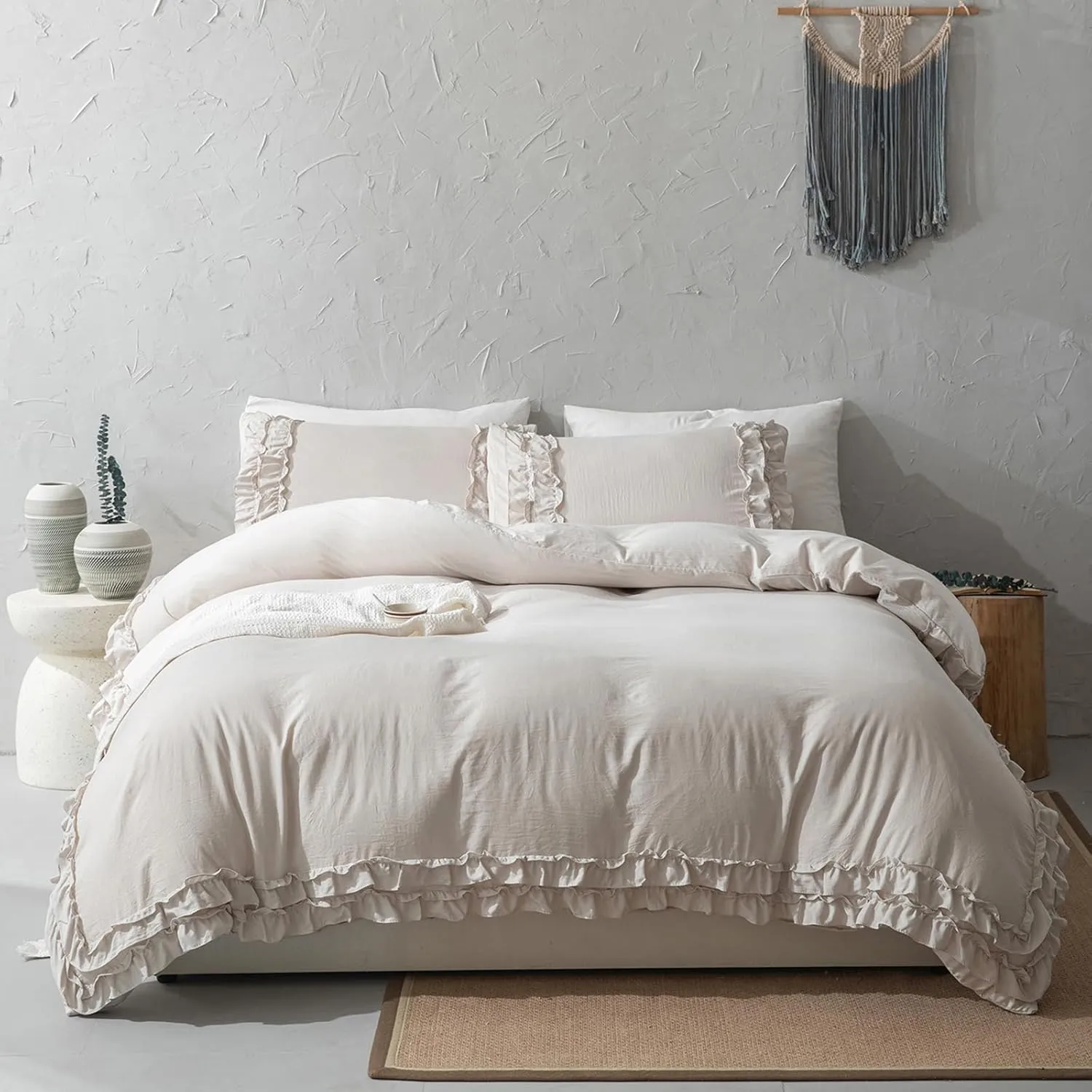 Bedorm Beige Duvet Cover Queen Shabby Chic Bedding Soft Breathable Washed Microfiber Ruffle Duvet Cover Coquette Cute Comforter Cover Girls Women