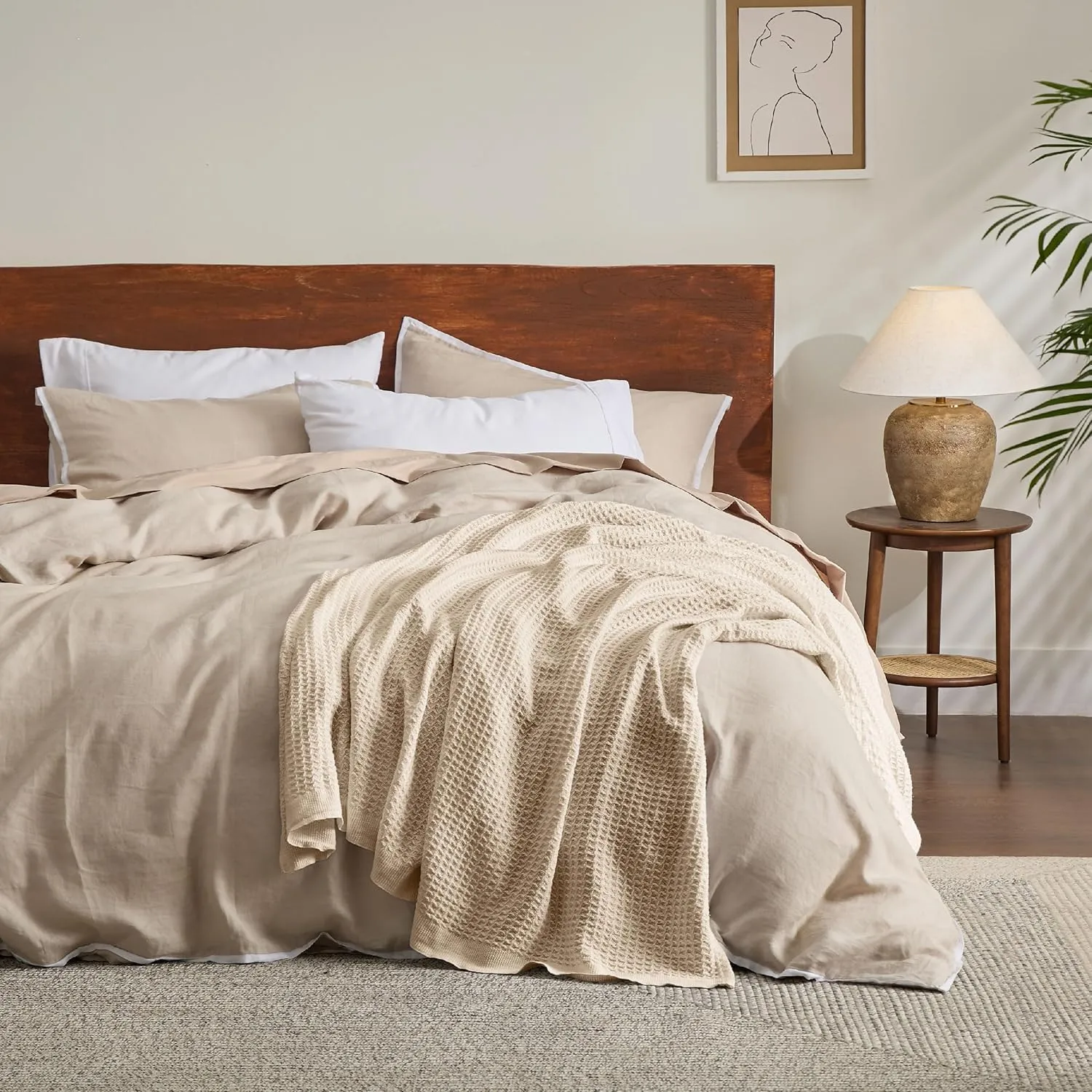 Bedsure 100% Cotton Blanket Twin XL Size for Bed - Breathable and Soft, Waffle Weave Blanket for Summer Spring, Beige, 66x90 inches