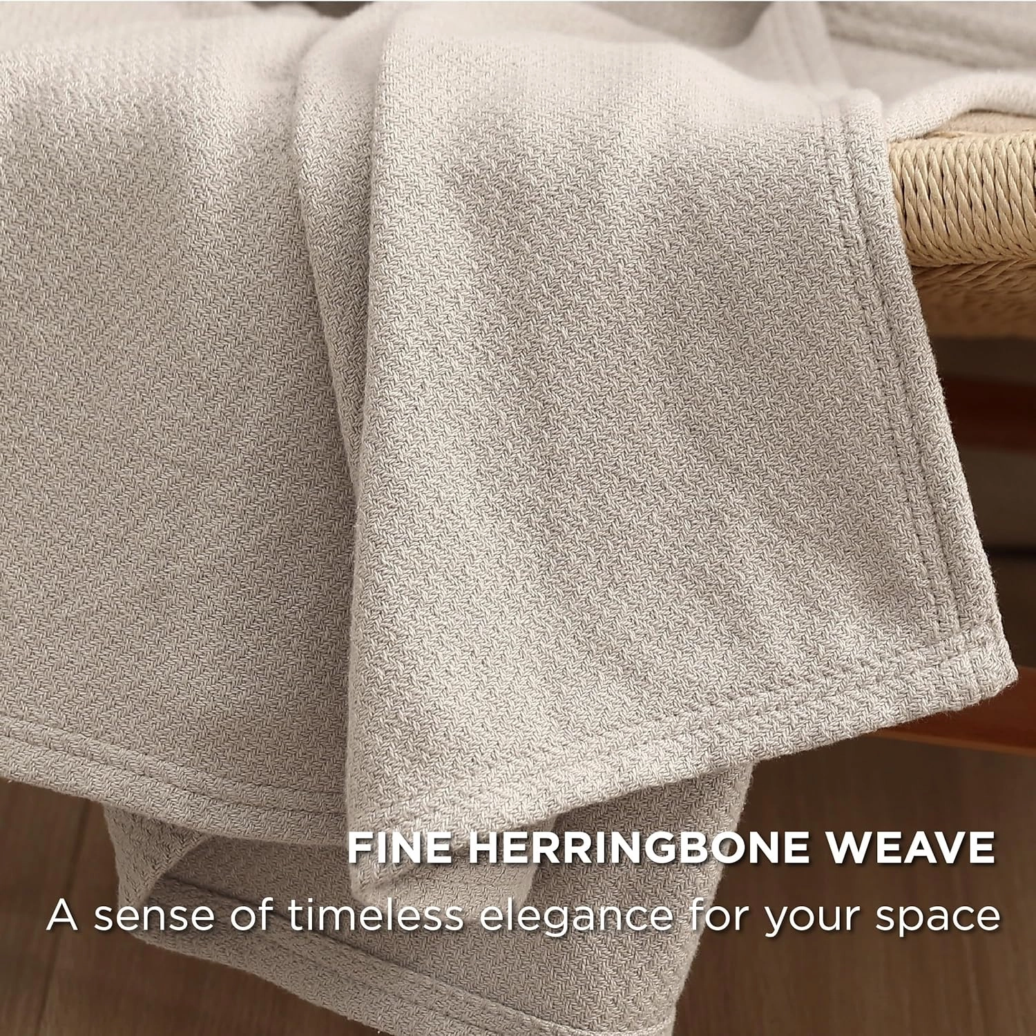 Bedsure 100% Cotton Blanket Queen Size for Bed - Breathable and Lightweight, Soft Cozy Textured Herringbone Woven Blanket for Summer, Linen Beige, 90x90 inches