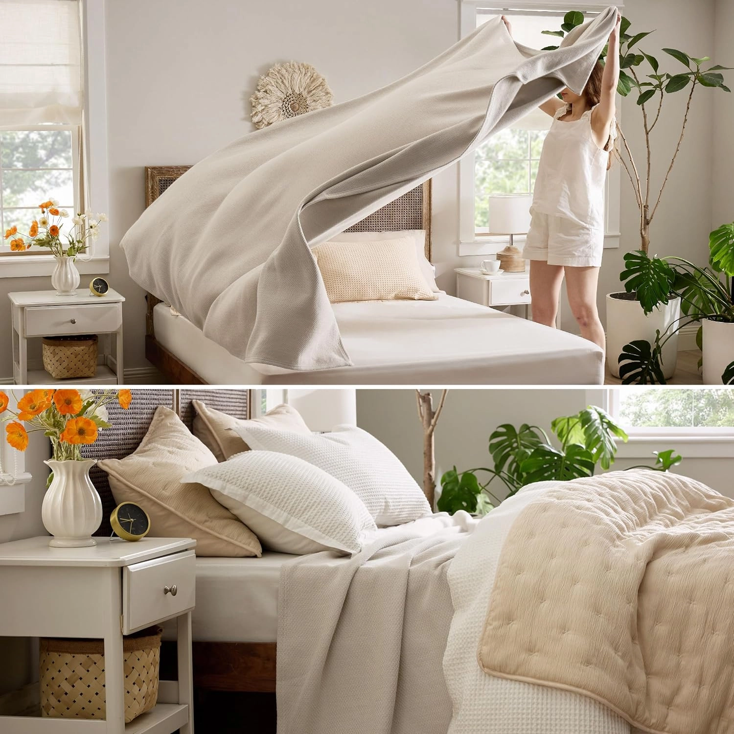 Bedsure 100% Cotton Blanket Queen Size for Bed - Breathable and Lightweight, Soft Cozy Textured Herringbone Woven Blanket for Summer, Linen Beige, 90x90 inches