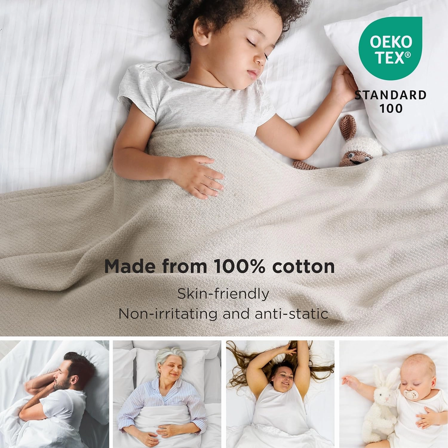 Bedsure 100% Cotton Blanket Queen Size for Bed - Breathable and Lightweight, Soft Cozy Textured Herringbone Woven Blanket for Summer, Linen Beige, 90x90 inches
