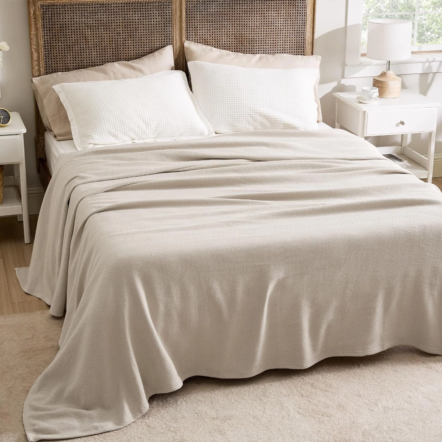 Bedsure 100% Cotton Blanket Queen Size for Bed - Breathable and Lightweight, Soft Cozy Textured Herringbone Woven Blanket for Summer, Linen Beige, 90x90 inches