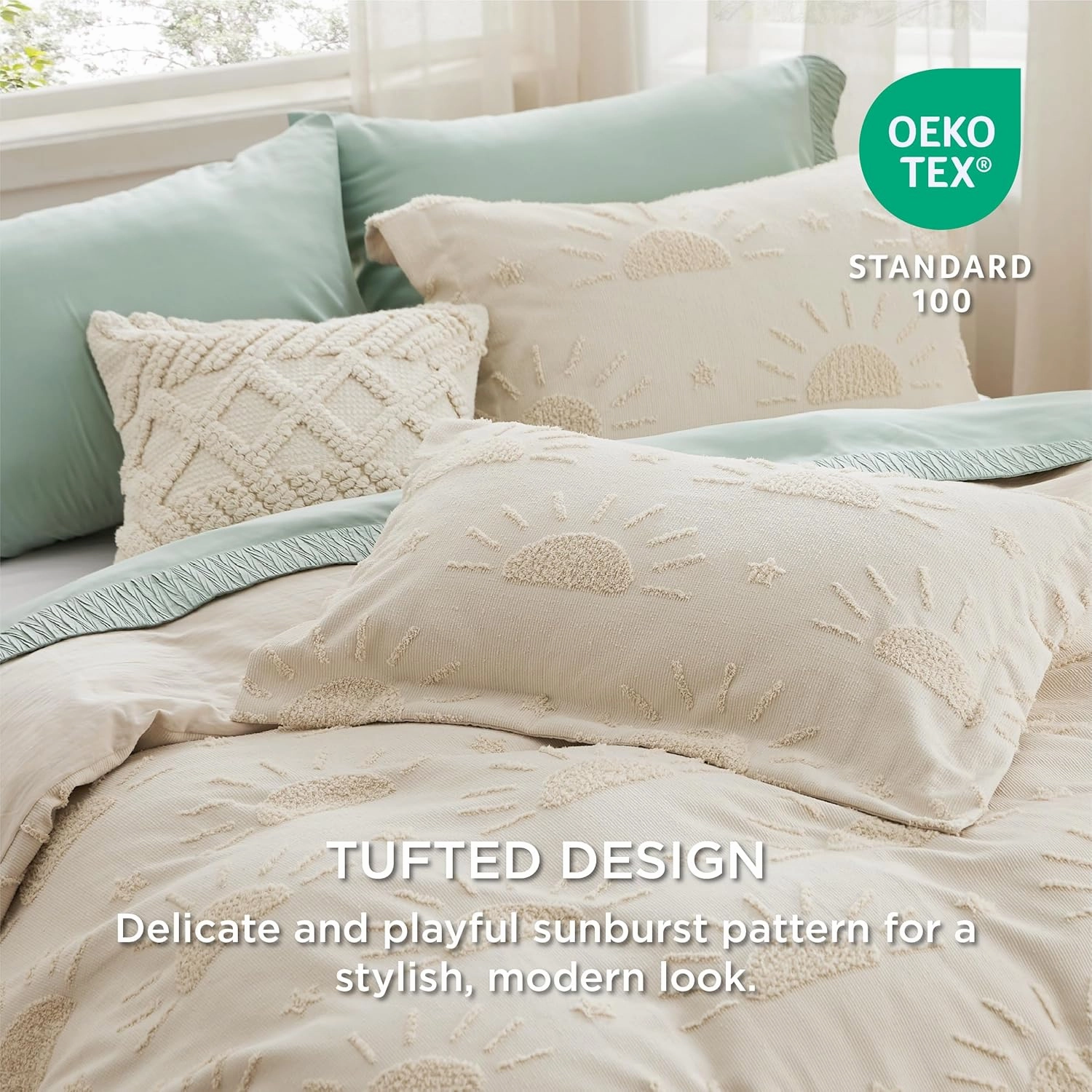 Bedsure Boho Duvet Cover - Boho Bedding Duvet Cover Set for All Seasons, Shabby Chic Jacquard Duvet Cover,Comforter Not Included (Beige,Sun Design,104"x90")