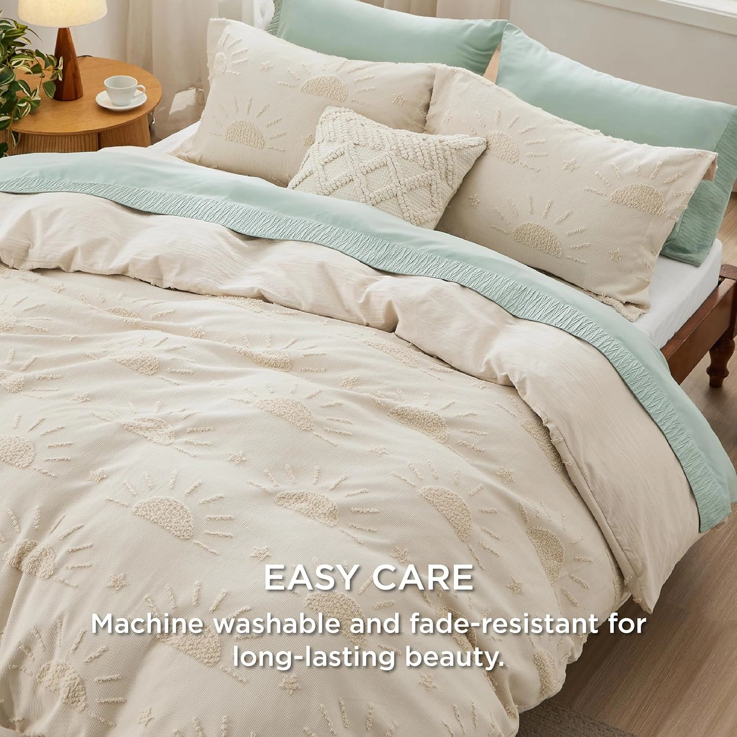 Bedsure Boho Duvet Cover - Boho Bedding Duvet Cover Set for All Seasons, Shabby Chic Jacquard Duvet Cover,Comforter Not Included (Beige,Sun Design,104"x90")